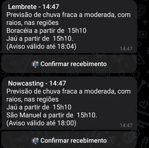 Mensagens do bot Cronos no Telegram com aviso de chuva e opção de confirmar recebimento